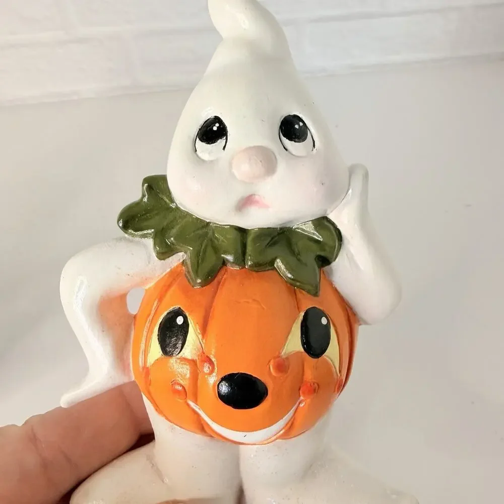 Vtg Ceramic Halloween Ghost Pumpkin Belly Figurine Anthropomorphic Set of 2